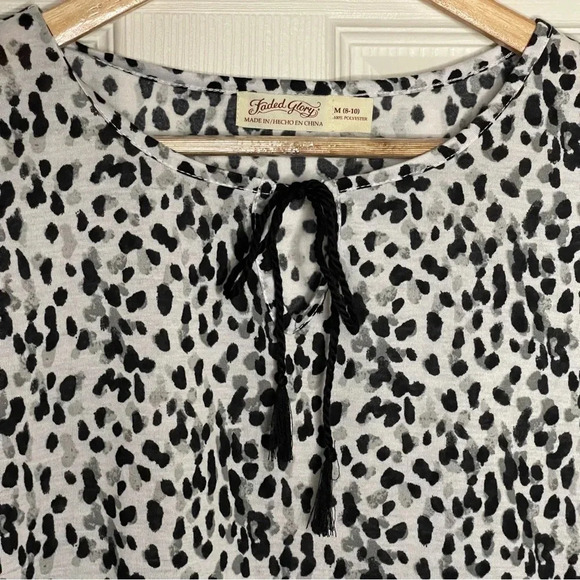 Faded Glory 3/4 Sleeve Peasant Top Womens Med Black/White Animal Print Rope Tie - Picture 7 of 10